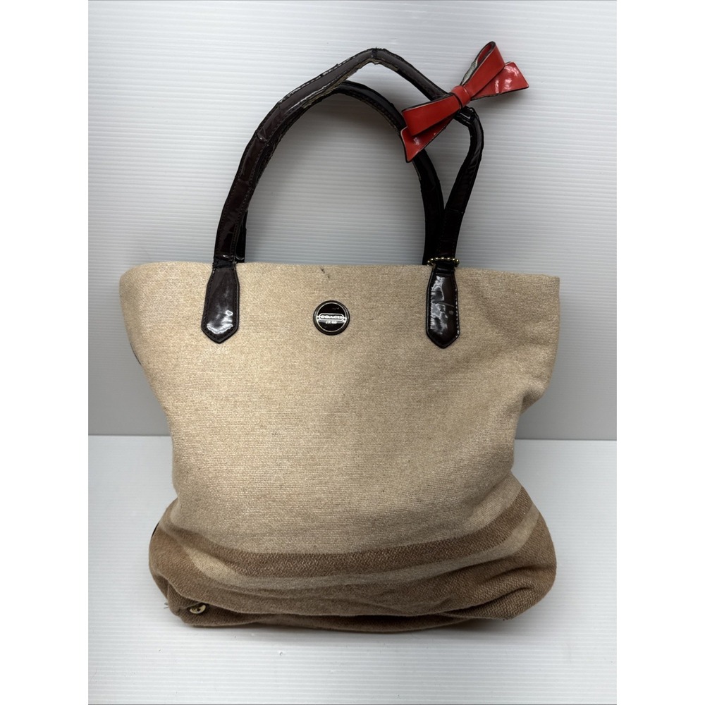 VTG COACH Wool Blend Stripe Satchel Handbag Brown Leather Trim Red Bow Detail